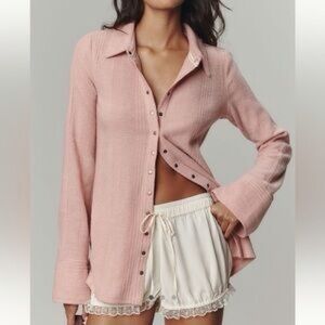 ANTHROPOLOGIE Pilcro Pink Button down Cardigan Snap Sweater Bell Sleeve Size L